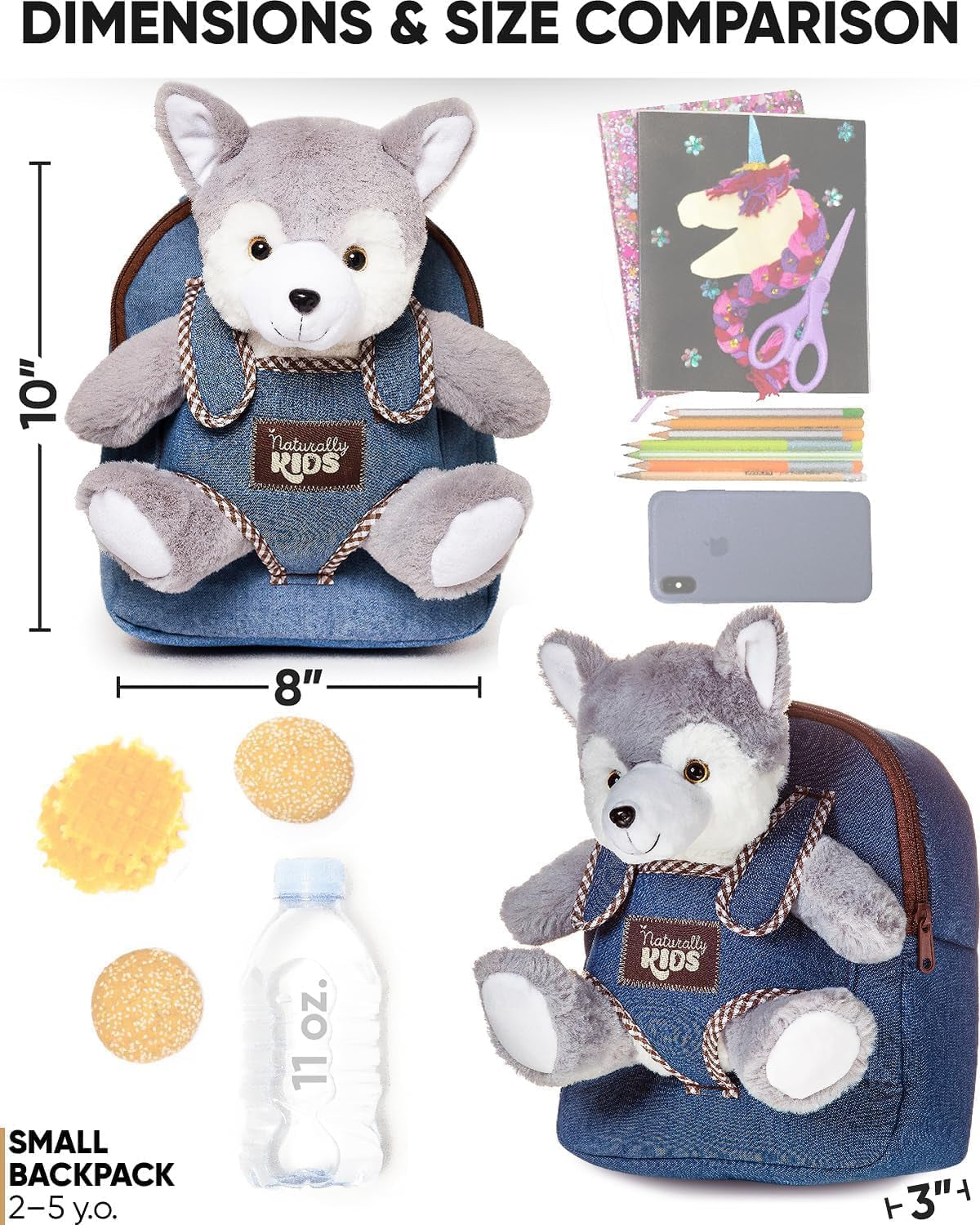 Toddler Backpack W. Plush Wolf Toy, Kids Gift 2 3 4 5 | 2-In-1 Wolf Backpack, Husky Stuffed Animal for Kids 3-5 in Gift-Ready Box, Birthday Gifts for Girls Boys