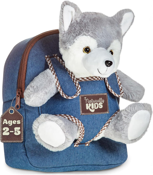 Toddler Backpack W. Plush Wolf Toy, Kids Gift 2 3 4 5 | 2-In-1 Wolf Backpack, Husky Stuffed Animal for Kids 3-5 in Gift-Ready Box, Birthday Gifts for Girls Boys