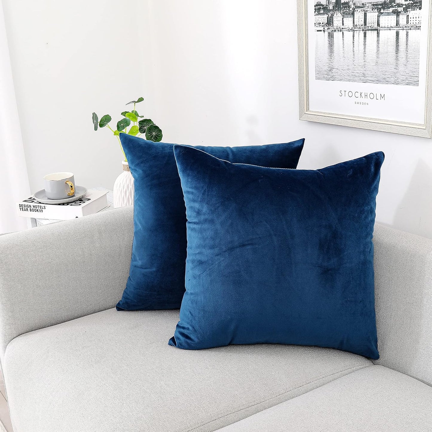 Blue Velvet Throw Pillow Covers 18X18 Pack of 2 Decorative Couch | Soft Solid Boho Cushion Squar Pillow Cases for Chair Sofa Bedroom Farmhouse Living Room Modern Luxury Home Decor Christmas