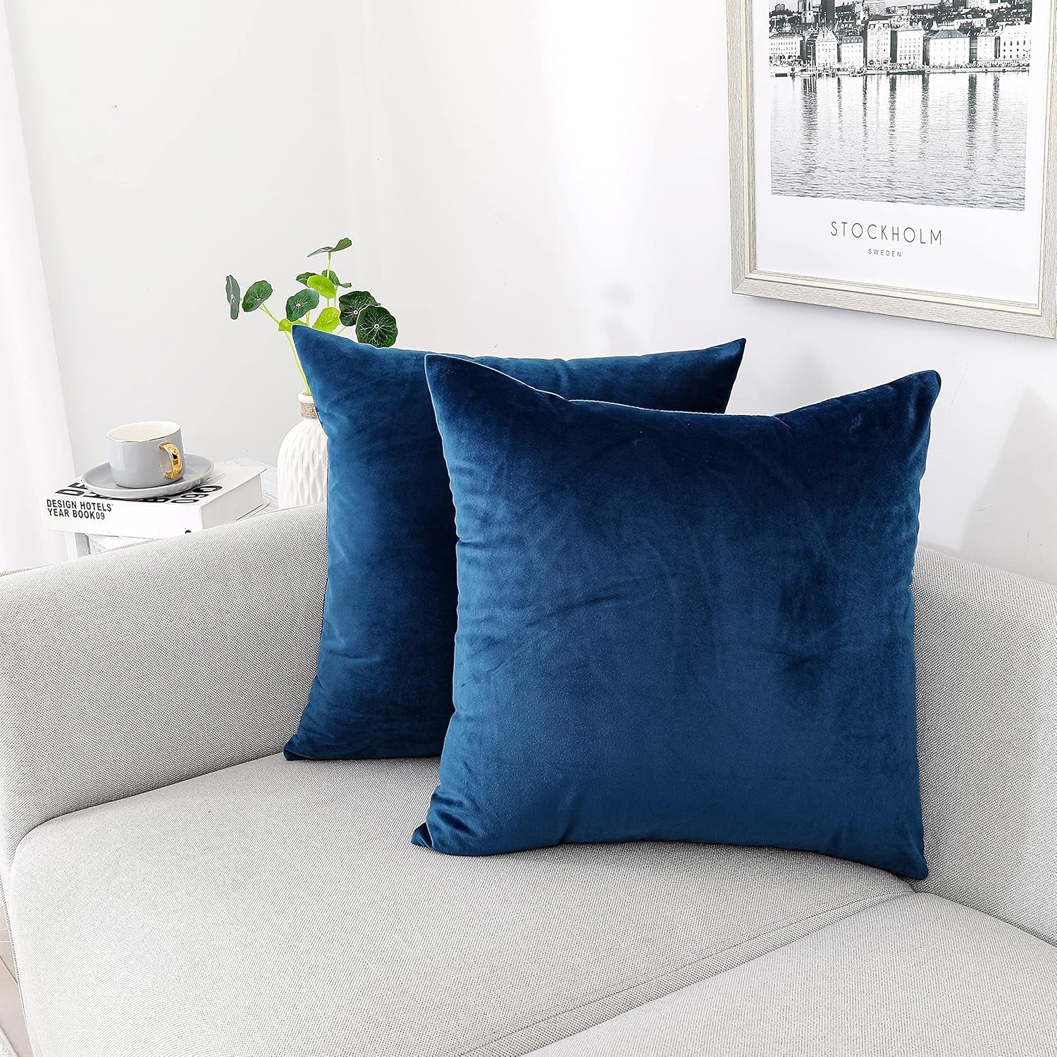 Blue Velvet Throw Pillow Covers 18X18 Pack of 2 Decorative Couch | Soft Solid Boho Cushion Squar Pillow Cases for Chair Sofa Bedroom Farmhouse Living Room Modern Luxury Home Decor Christmas